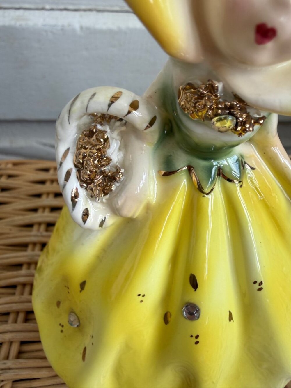 Vintage 50s Enesco Anthropomorphic Yellow Flower Girl Planter Rhinestones - Picture 3 of 9